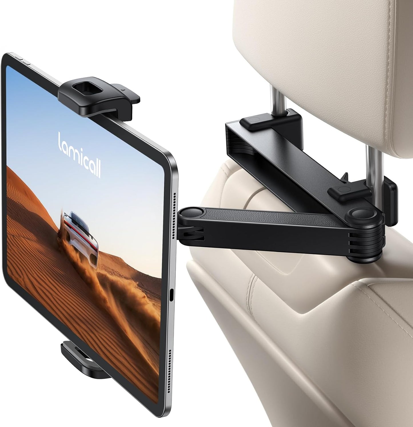 Lamicall Car Headrest Tablet Mount [Upgraded Lock] - 2024 Stretchable Car Tablet Holder, 360 Rotating Backseat Mount for Kids, fit iPad Pro 2024, Air 6, Mini, Switch, Phone, 4.7-13" Device - Black