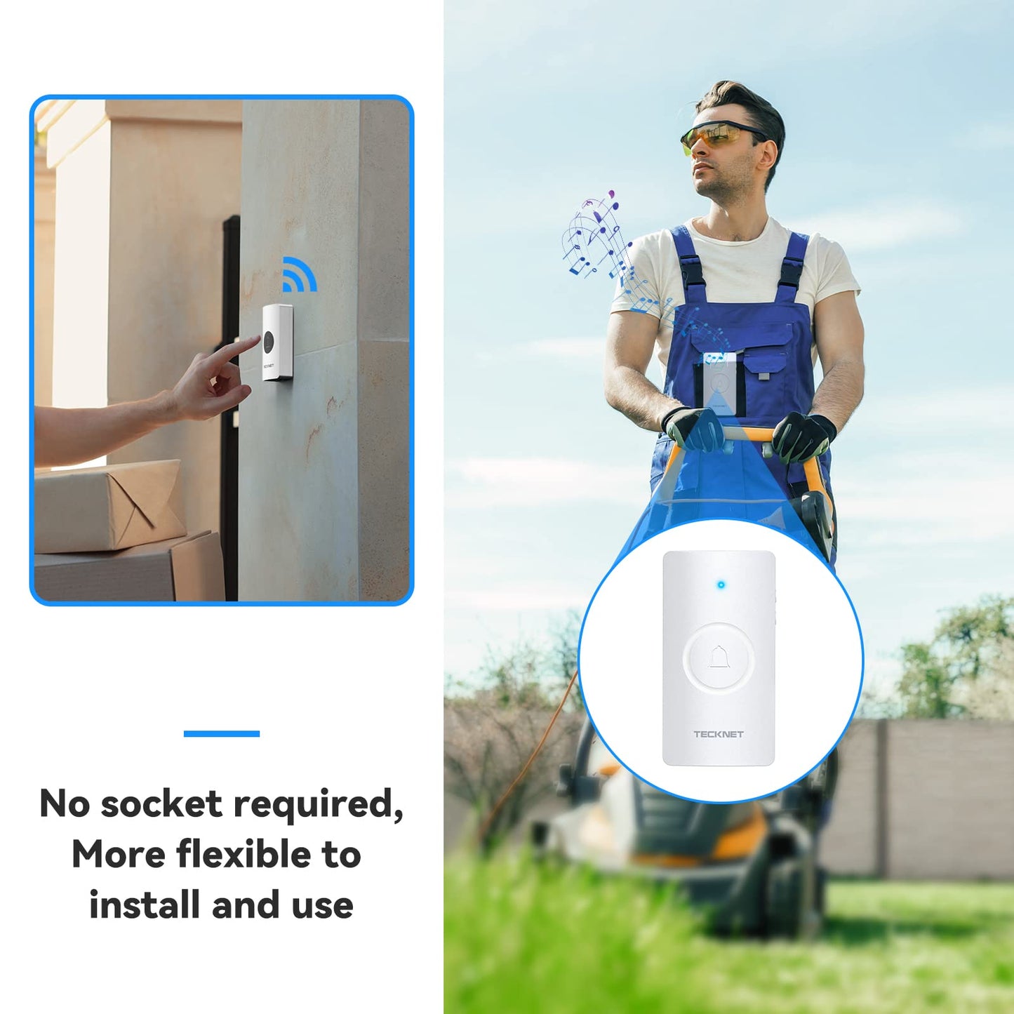 TECKNET Wireless Doorbell, Waterproof Doorbell Battery-Operated Cordless Door Chime Kit with up to 400M Wireless Range,5-Level Volume & 60 Chimes with 4.5 Year Battery Life