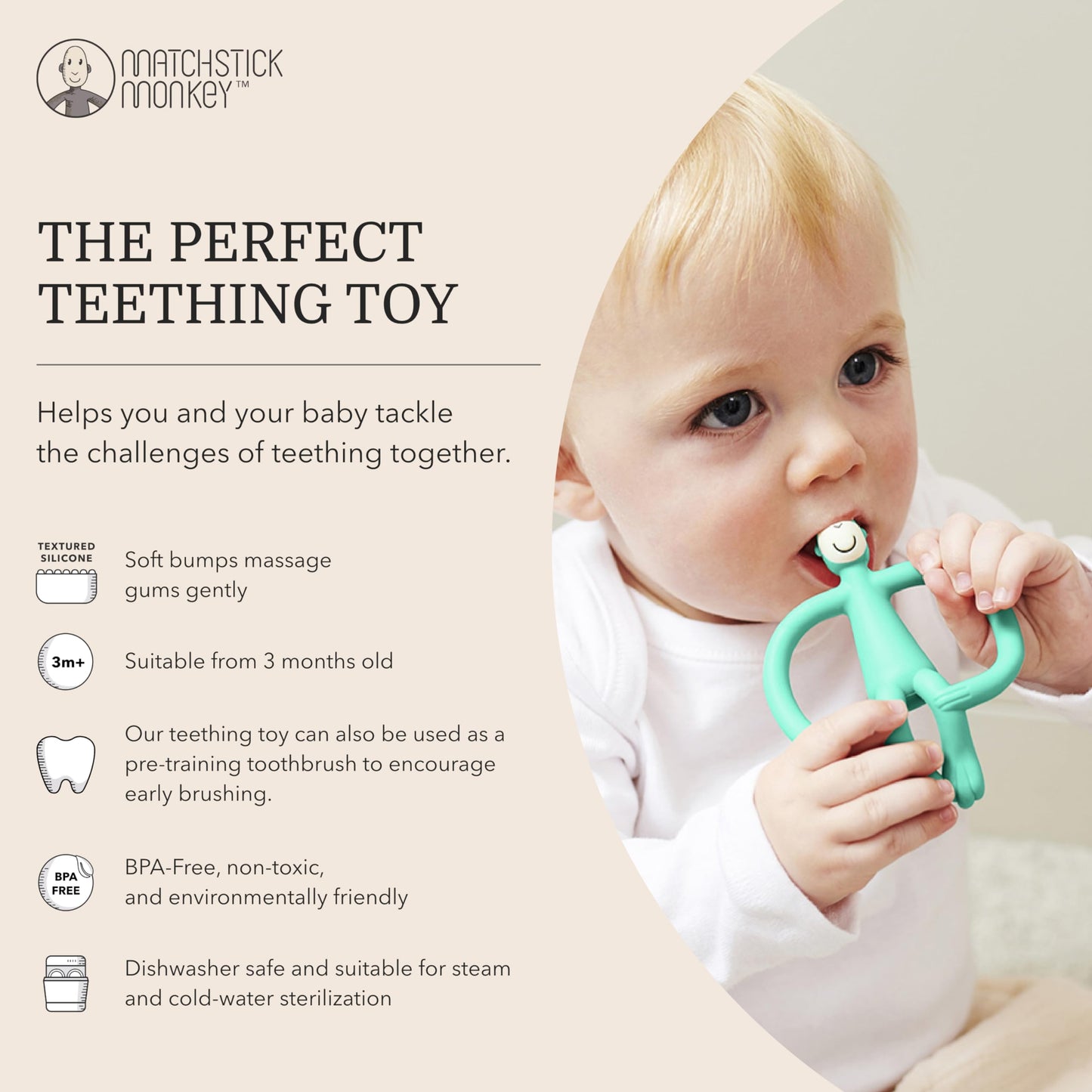 Matchstick Monkey, Original Teether & Gel Applicator, Antimicrobial Silicone Teething Toys for Baby, Easy to Grip, BPA Free, 3 Months Old+, 10.5 cm, Green Monkey