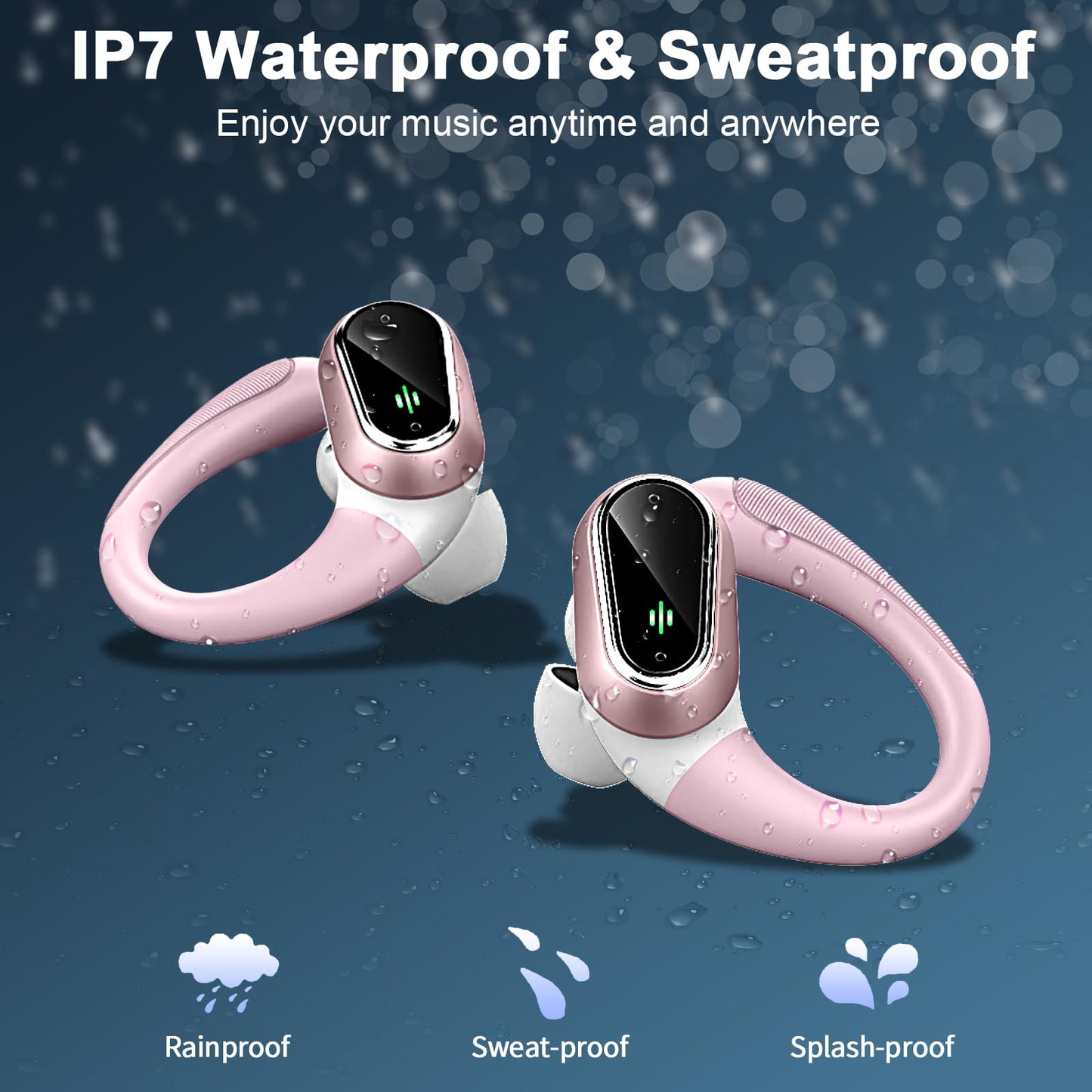 Wireless Earbuds, Wireless Headphones Stereo Noise Cancelling Earbuds with Mic, 50H Bluetooth 5.3 Headphones Dual LED Display, Sport Ear Buds with EarHooks, IP7 Waterproof Wireless Earphones Running