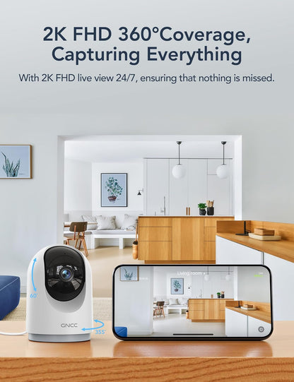 GNCC 2K/3MP Indoor WiFi Security Camera – 360° Pet & Baby Monitor with Night Vision, Motion Detection, 2-Way Talk, Alexa Compatible