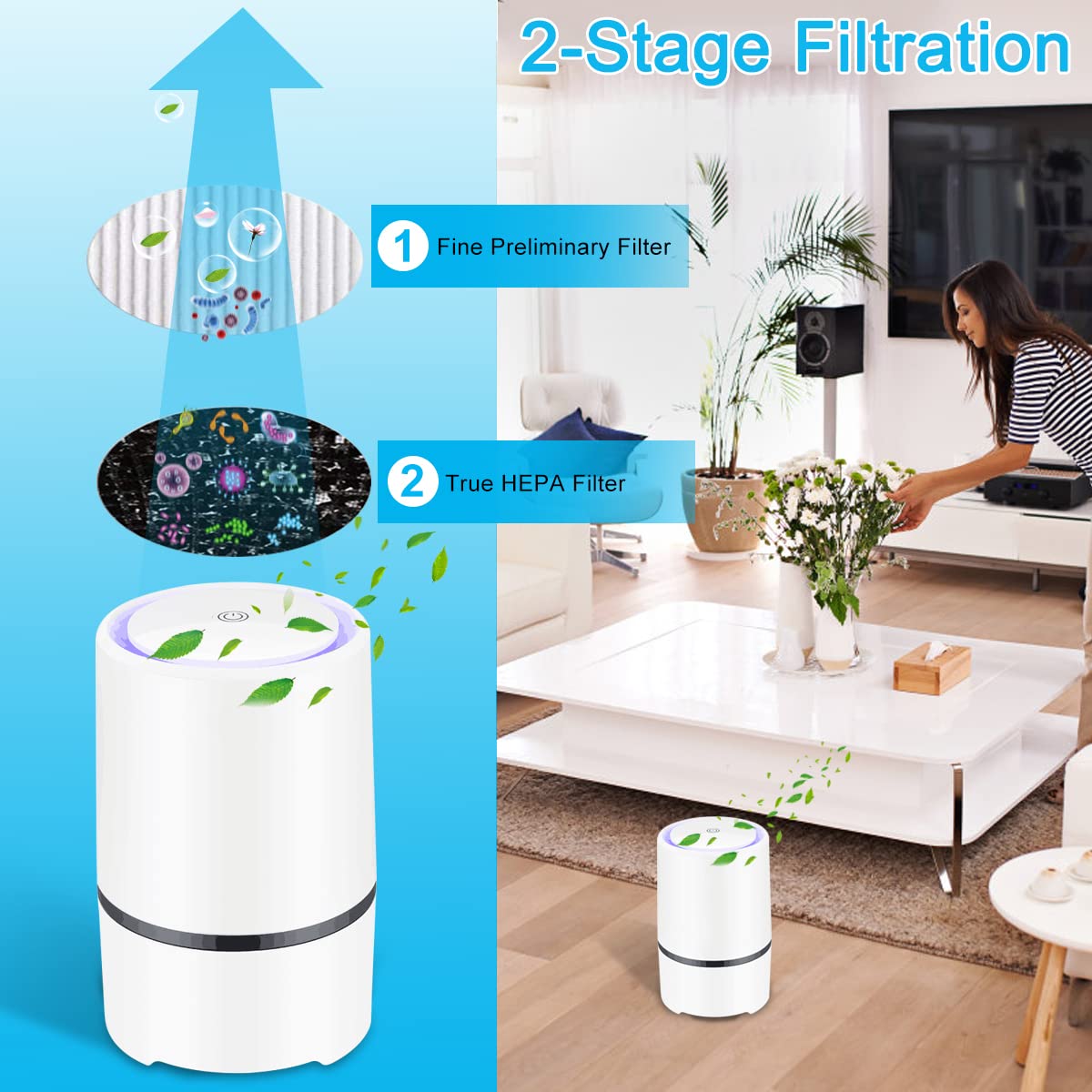 MELEDEN HEPA Air Purifier for Smoke, Pollen, Pet Dander, Odor, Dust Remove, Compact Air Purifiers for Home Bedroom, Kitchen and Office, No Ozone Air Cleaner