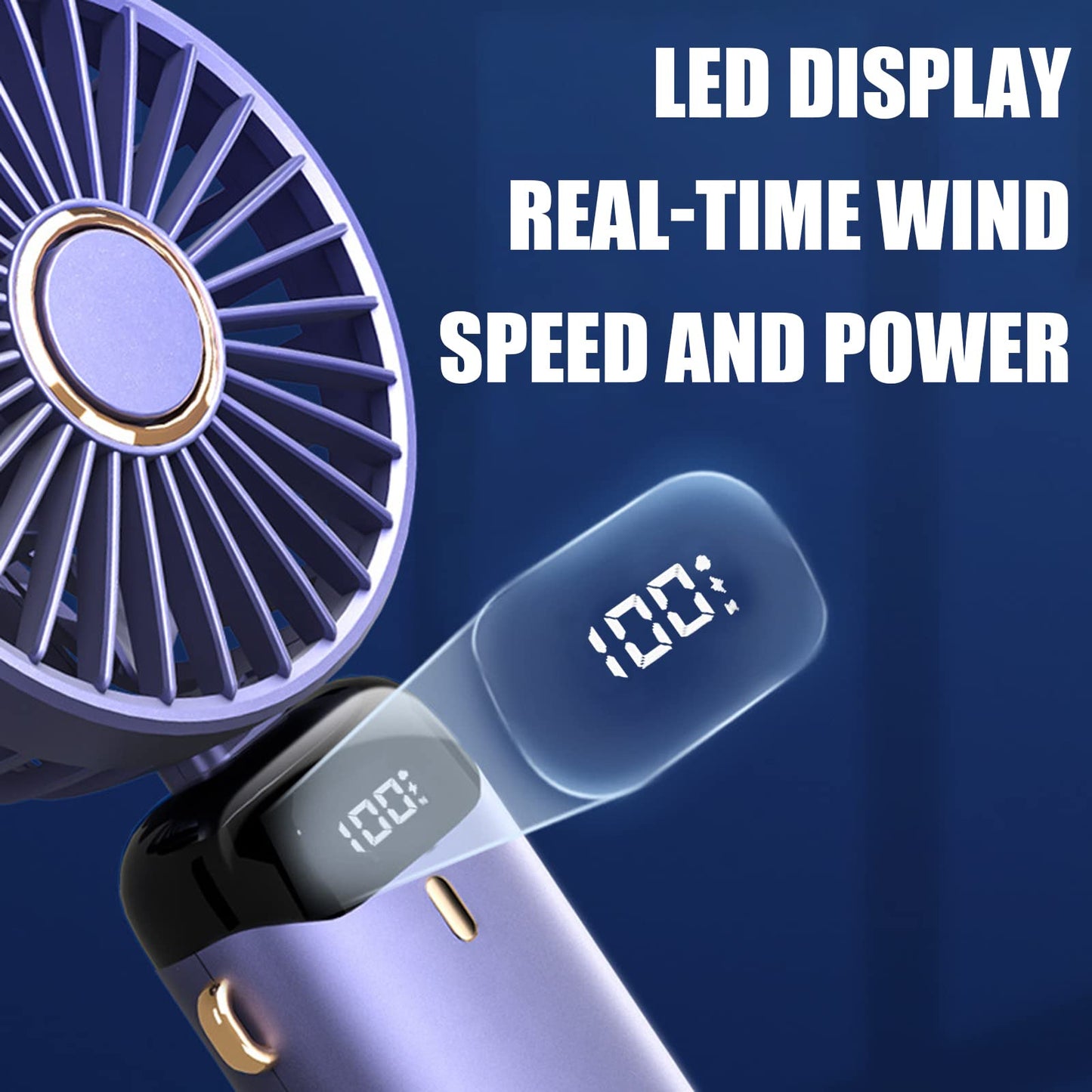 Hand Held Fan,Portable Handheld USB Rechargeable Fans with 5 Speeds,Battery Operated Mini Fan Foldable Desk Desktop LED Display for Home Office Bedroom Outdoor Travel (DarkBlue)