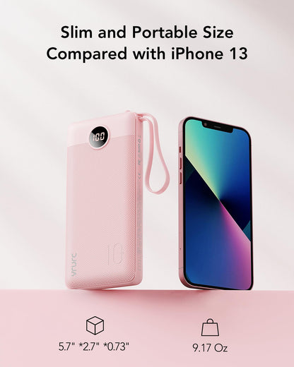 Power Bank With Built in Cables VRURC 10000mAh ,USB C Battery Pack Portable Charger with 5 Outputs 2 Inputs Powerbank LED Display compatible with iPhone 14 13 12 Samsung S21 S20 Xiaomi iPad