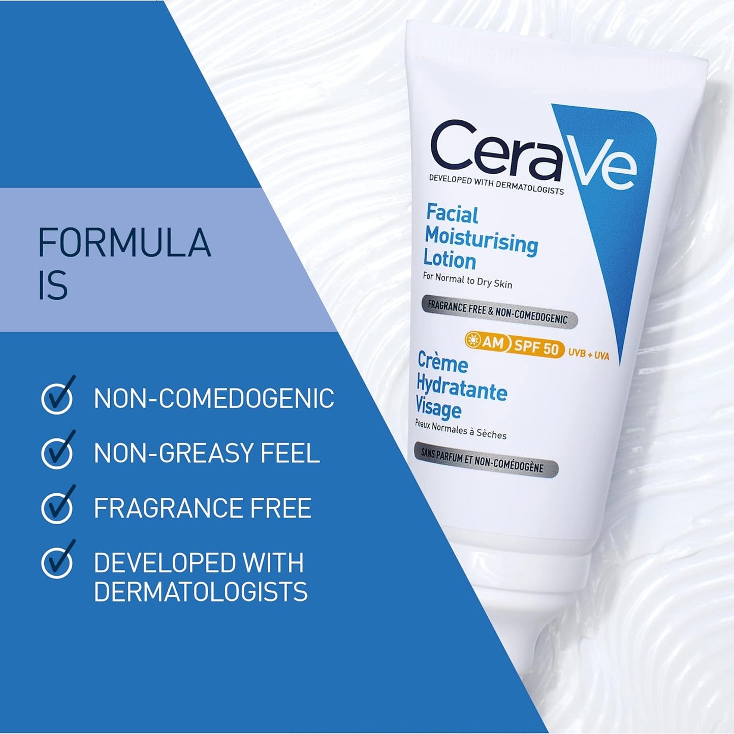 CeraVe AM Facial Moisturising Lotion SPF50 with Ceramides & Vitamin E for Normal to Dry Skin 52ml