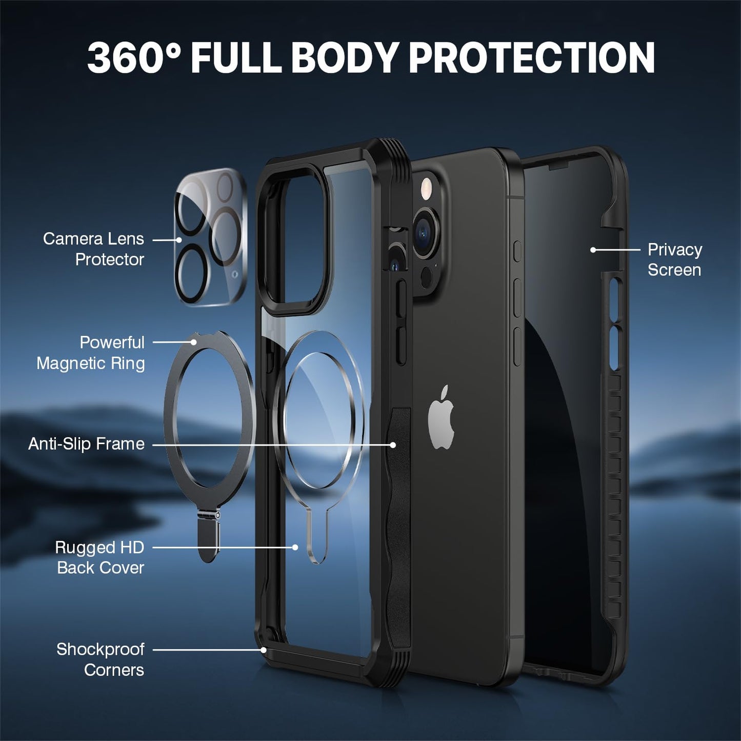 CENHUFO Compatible with iPhone 15 Pro Case Built-in Privacy Screen Protector with Magnetic Ring Stand and Camera Lens Protector, Clear Back Cover for iPhone 15 Pro Privacy Case