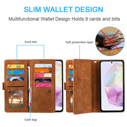 UEEBAI Wallet Case for Samsung Galaxy A15 – Retro PU Leather Flip Cover with 9 Card Slots, Zipper Pocket, Magnetic Closure, Kickstand & Wrist Strap, Shockproof Protective Case