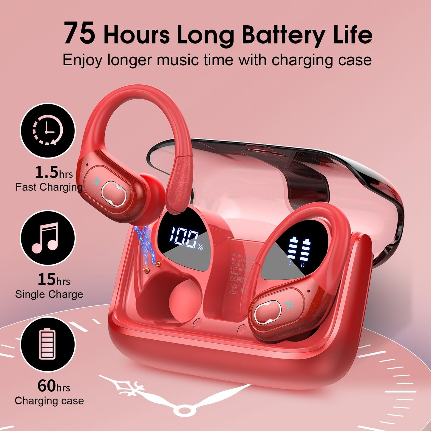 STECEi Wireless Earbuds – 75H Bluetooth 5.4 Earphones with ENC Noise Cancelling Mics, HiFi Stereo Sound, Earhooks, IP7 Waterproof for Running, Gym & Sports (Black)