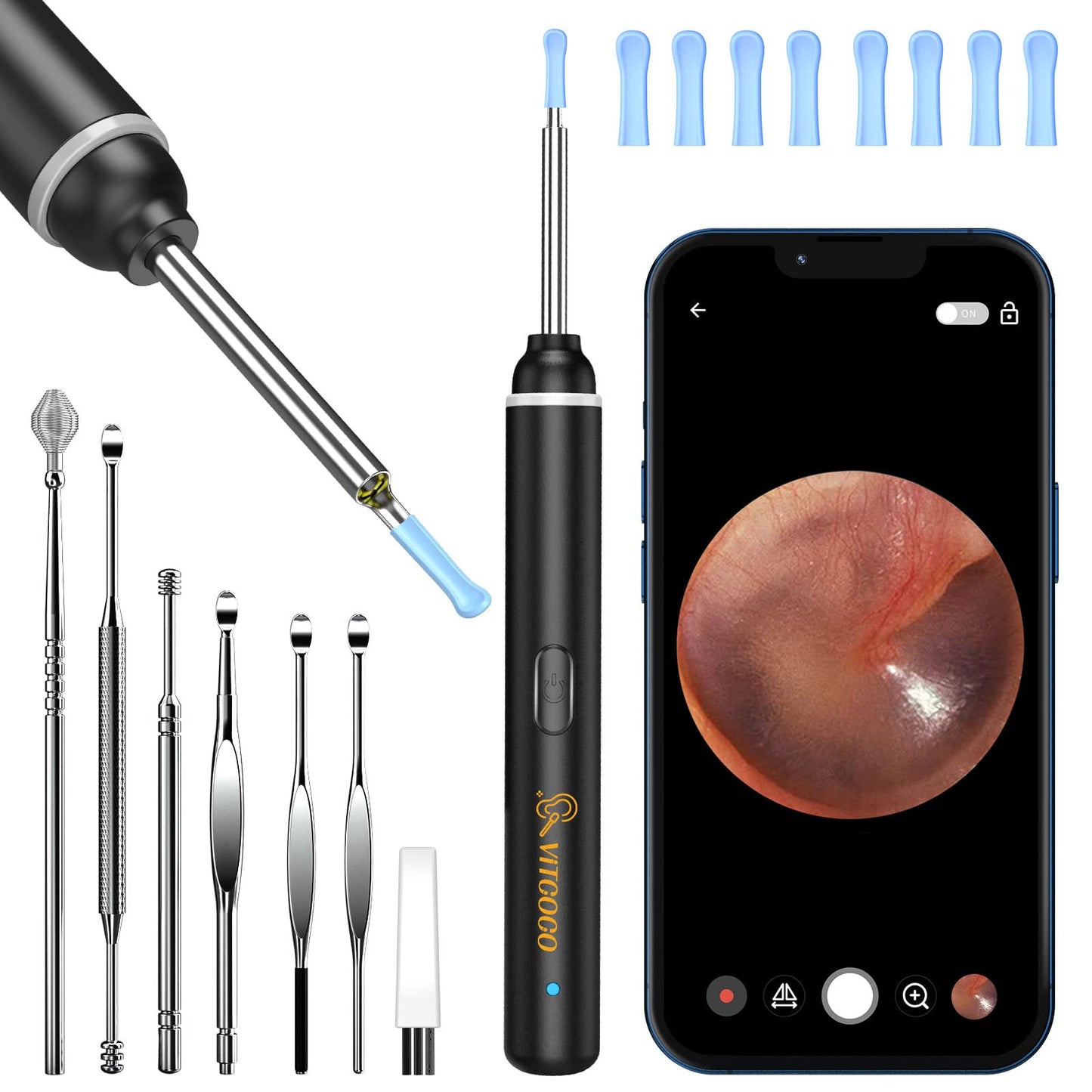 VITCOCO Ear Wax Removal Kit Ear Camera 1920P HD Ear Wax Removal Tool Ear Cleaner Otoscope with 6 LED Lights, 3mm Visual Ear Scope for iPhone iPad Android