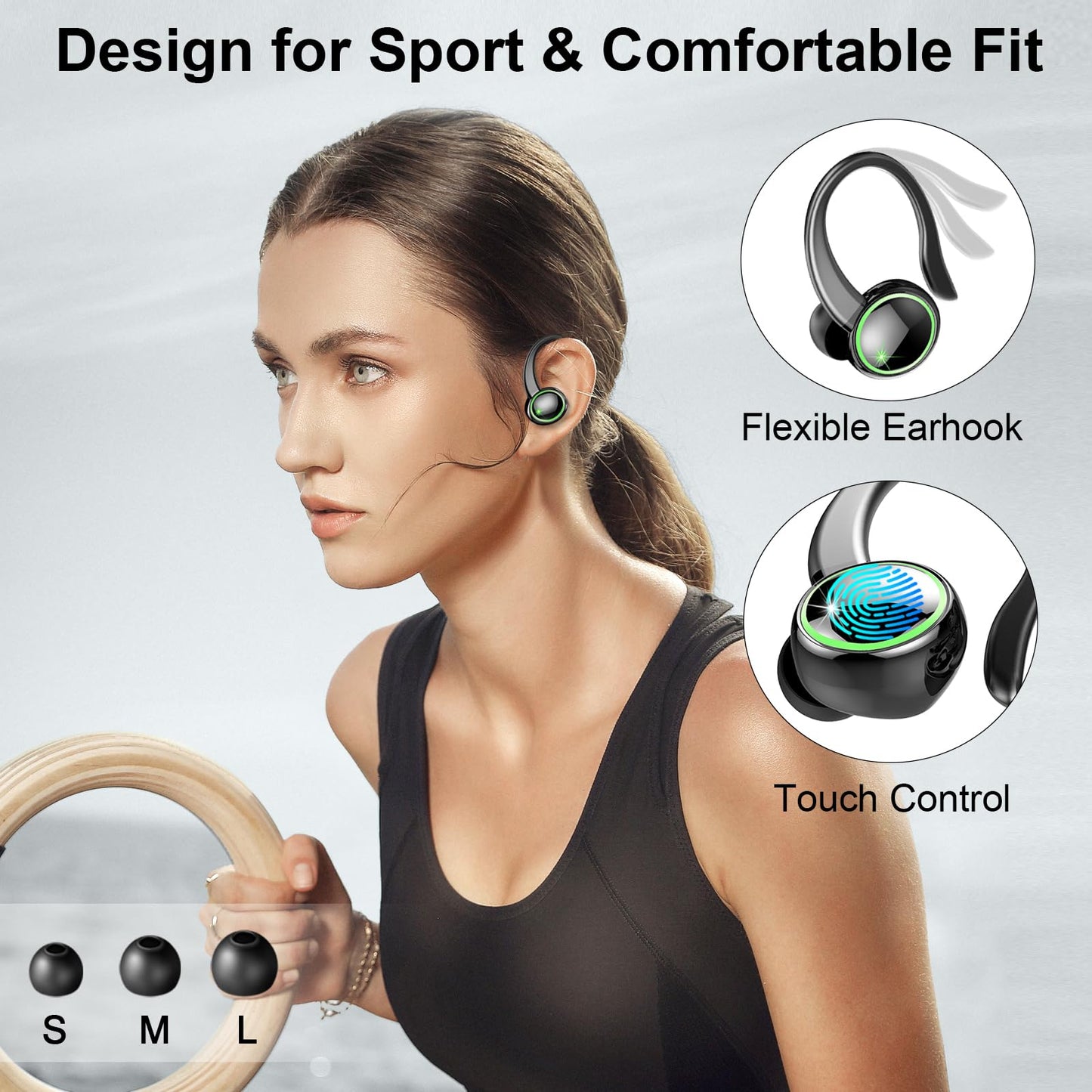 Wireless Earbuds, Bluetooth 5.3 Headphones, 50H+ Playtime Stereo Noise Canceling Headphones with 4 ENC Mic, Sport Ear buds with Earhooks, IPX7 Waterproof Wireless Earphones for Sport/Running/Gym Black