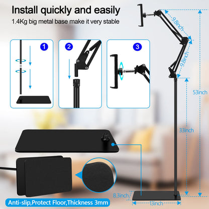 SAMHOUSING Adjustable Tablet Floor Stand – Universal 360° Rotatable Metal Holder for iPad, iPhone, & Tablets (4.7” to 12.9” Screens) – Black