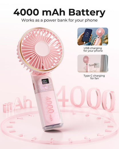 TUNISE Handheld Fan – 4000mAh Portable Rechargeable Fan with LED Display, 6 Speeds, 180° Adjustable, Power Bank Function for Travel & Home