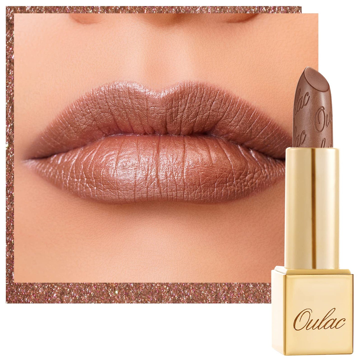 OULAC Metallic Shine Glitter Lipstick, Nude High Impact Lipcolor, Lightweight Soft and Ultra Hydrating, Long Lasting, Vegan & Cruelty-Free, Full-Coverage Lip Color 4.3 g/0.15 Sahara Gold(10)