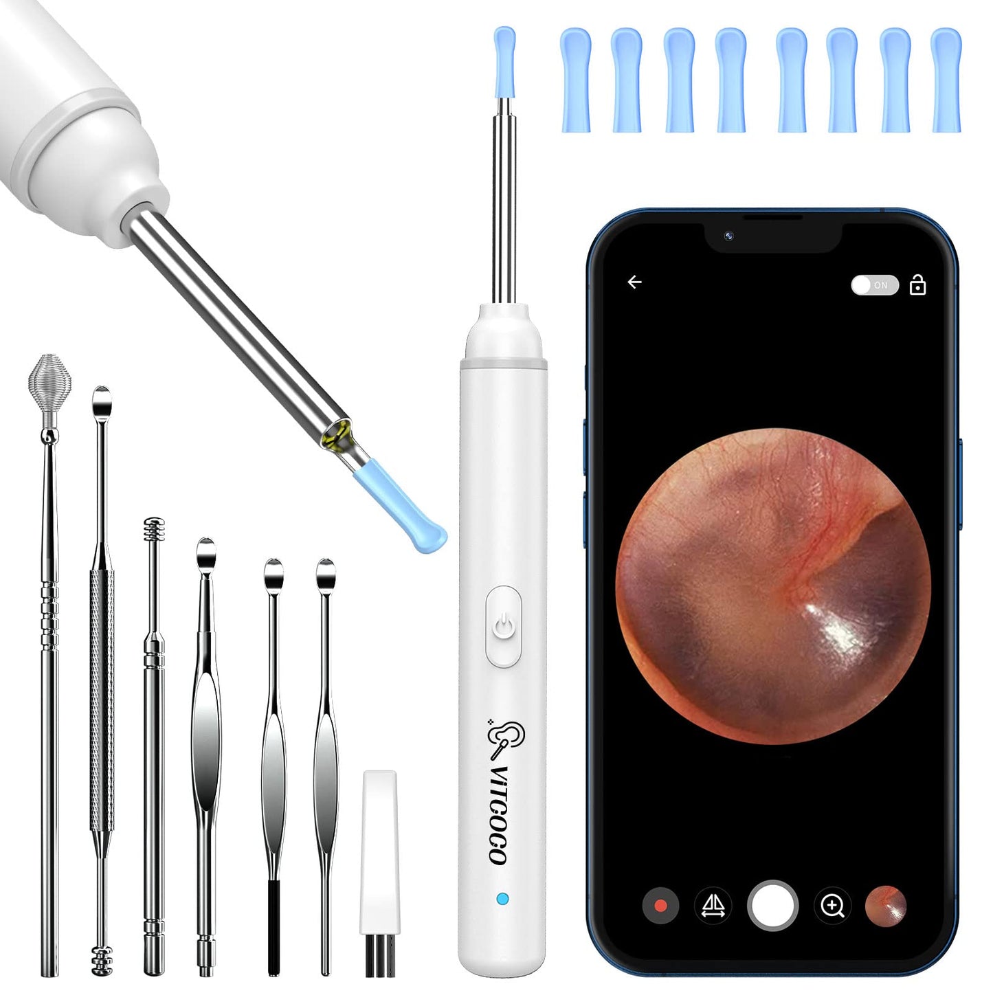 VITCOCO Ear Wax Removal Kit Ear Camera 1920P HD Ear Wax Removal Tool Ear Cleaner Otoscope with 6 LED Lights, 3mm Visual Ear Scope for iPhone iPad Android