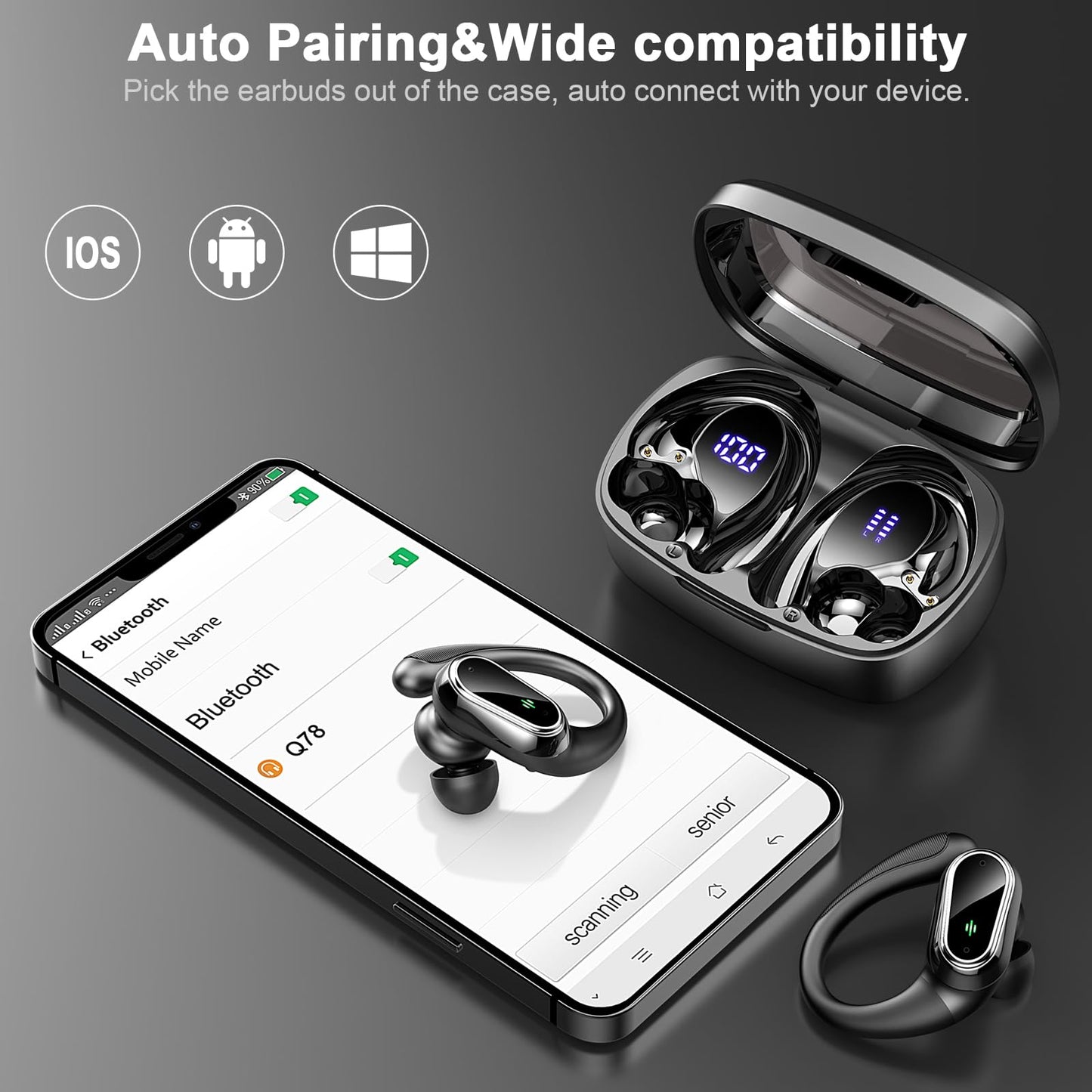 Wireless Earbuds, Wireless Headphones Stereo Noise Cancelling Earbuds with Mic, 50H Bluetooth 5.3 Headphones Dual LED Display, Sport Ear Buds with EarHooks, IP7 Waterproof Wireless Earphones Running