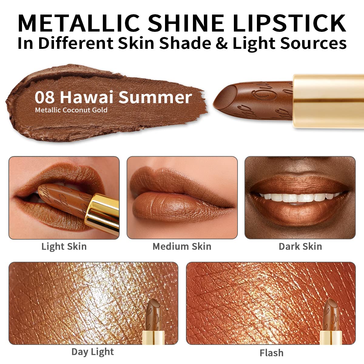 OULAC Metallic Shine Glitter Lipstick, Nude High Impact Lipcolor, Lightweight Soft and Ultra Hydrating, Long Lasting, Vegan & Cruelty-Free, Full-Coverage Lip Color 4.3 g/0.15 Sahara Gold(10)