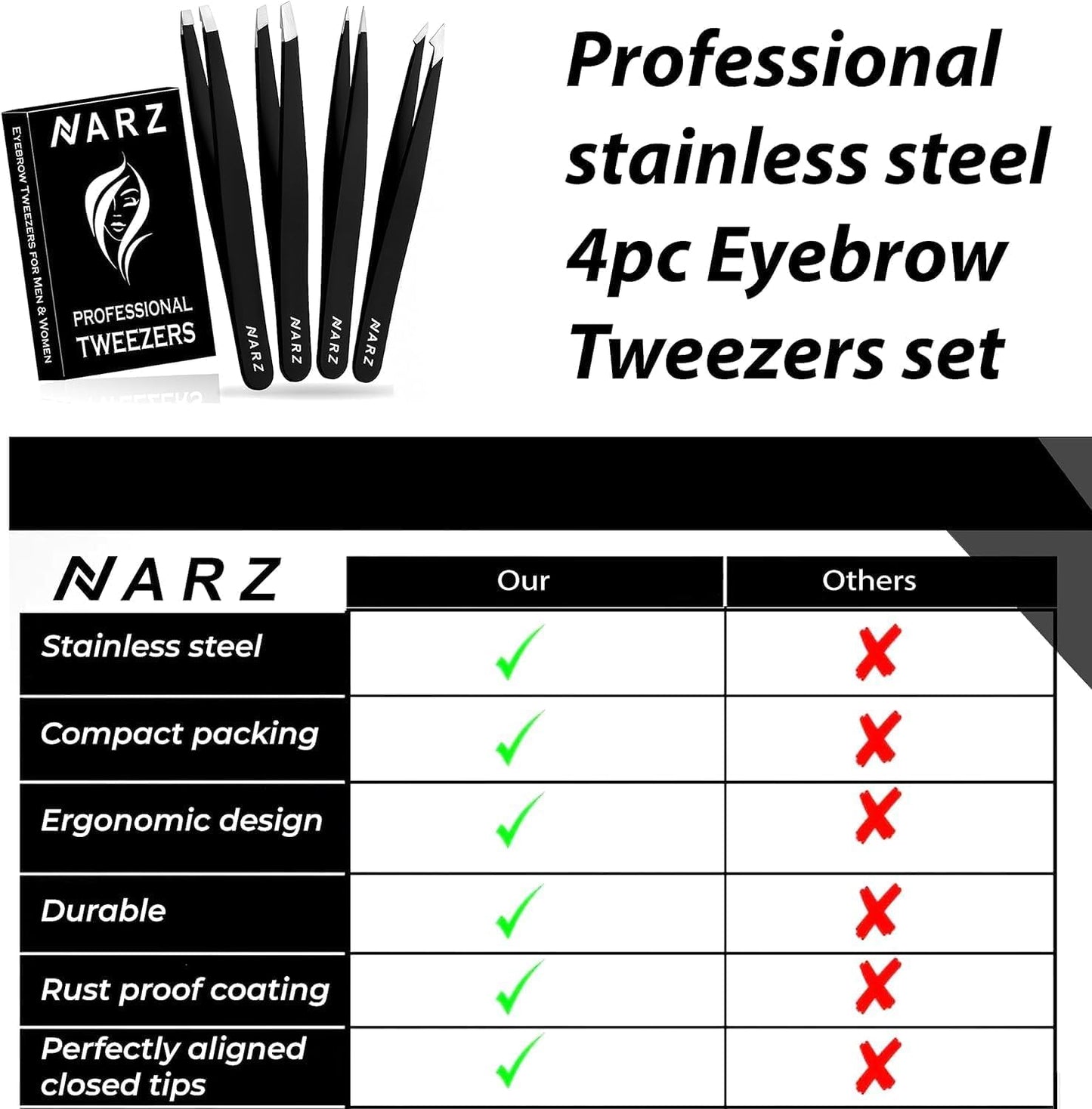 NARZ Professional Tweezers for Facial Hair Women & Men Stainless Steel Precision Tweezers for Ingrown Hair Tweezers (4 Pcs)