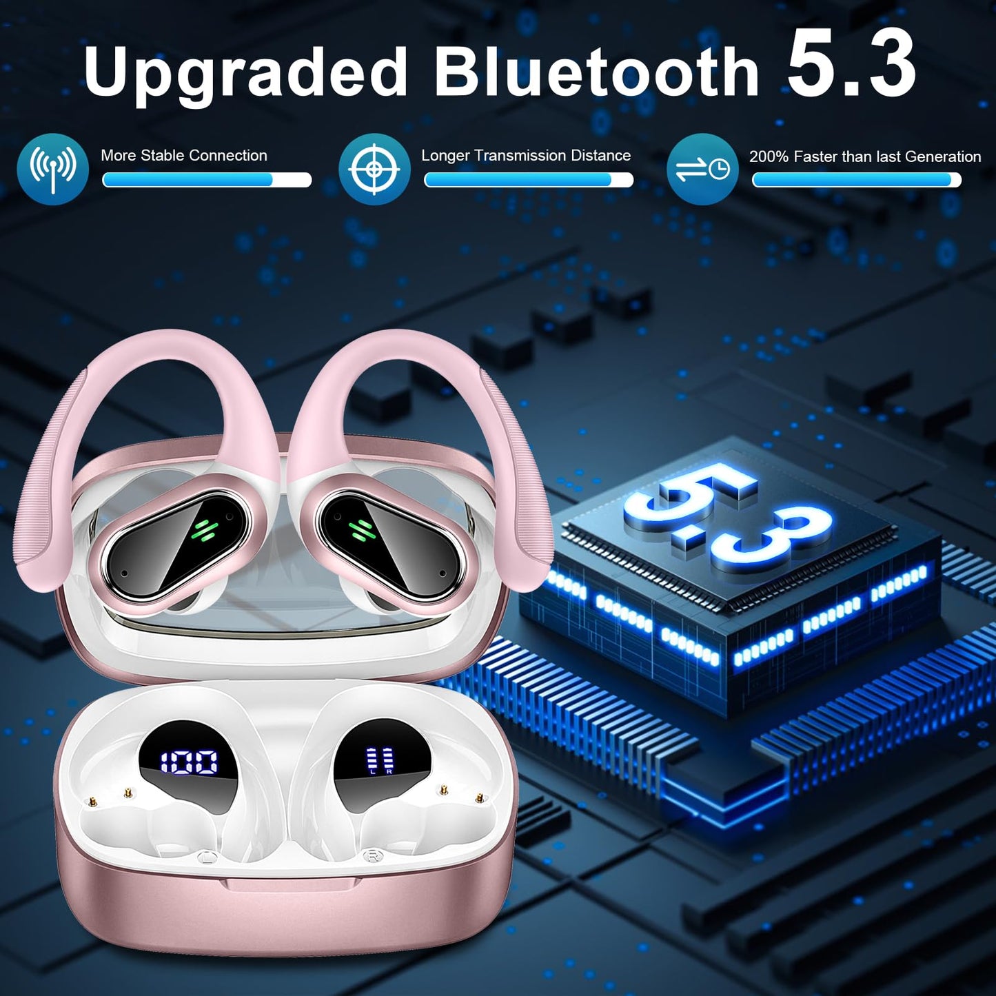 Wireless Earbuds, Wireless Headphones Stereo Noise Cancelling Earbuds with Mic, 50H Bluetooth 5.3 Headphones Dual LED Display, Sport Ear Buds with EarHooks, IP7 Waterproof Wireless Earphones Running