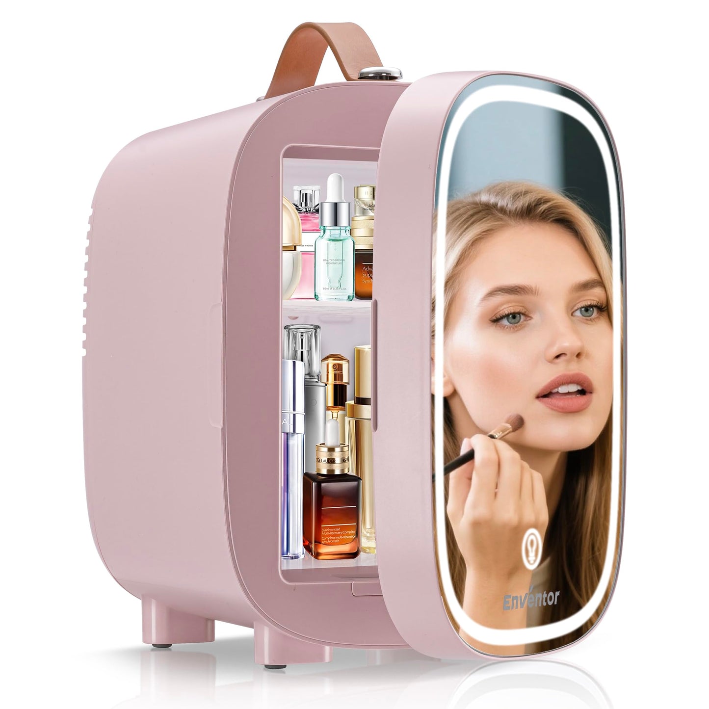 Enventor 4L Mini Fridge – LED Mirror Skincare Cooler & Warmer, AC/DC, Portable Cosmetic Fridge for Home, Car & Travel (Pink)