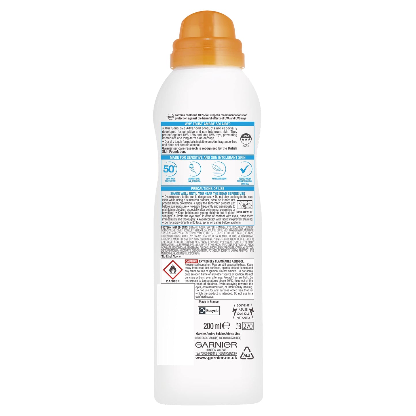 Garnier Ambre Solaire SPF 50+ Sensitive Advanced Dry Mist Sun Cream Spray, Water Resistant & Non Greasy Sunscreen, Fragrance Free, UVA & UVB Protection, Approved by Cruelty Free International, 150ml