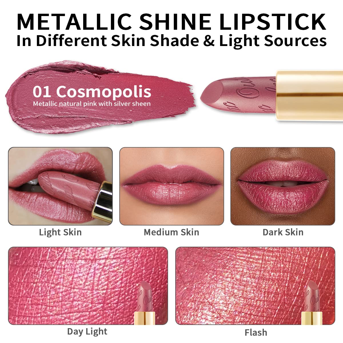 OULAC Metallic Shine Glitter Lipstick, Nude High Impact Lipcolor, Lightweight Soft and Ultra Hydrating, Long Lasting, Vegan & Cruelty-Free, Full-Coverage Lip Color 4.3 g/0.15 Sahara Gold(10)