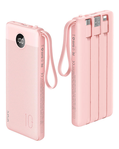 Power Bank With Built in Cables VRURC 10000mAh ,USB C Battery Pack Portable Charger with 5 Outputs 2 Inputs Powerbank LED Display compatible with iPhone 14 13 12 Samsung S21 S20 Xiaomi iPad