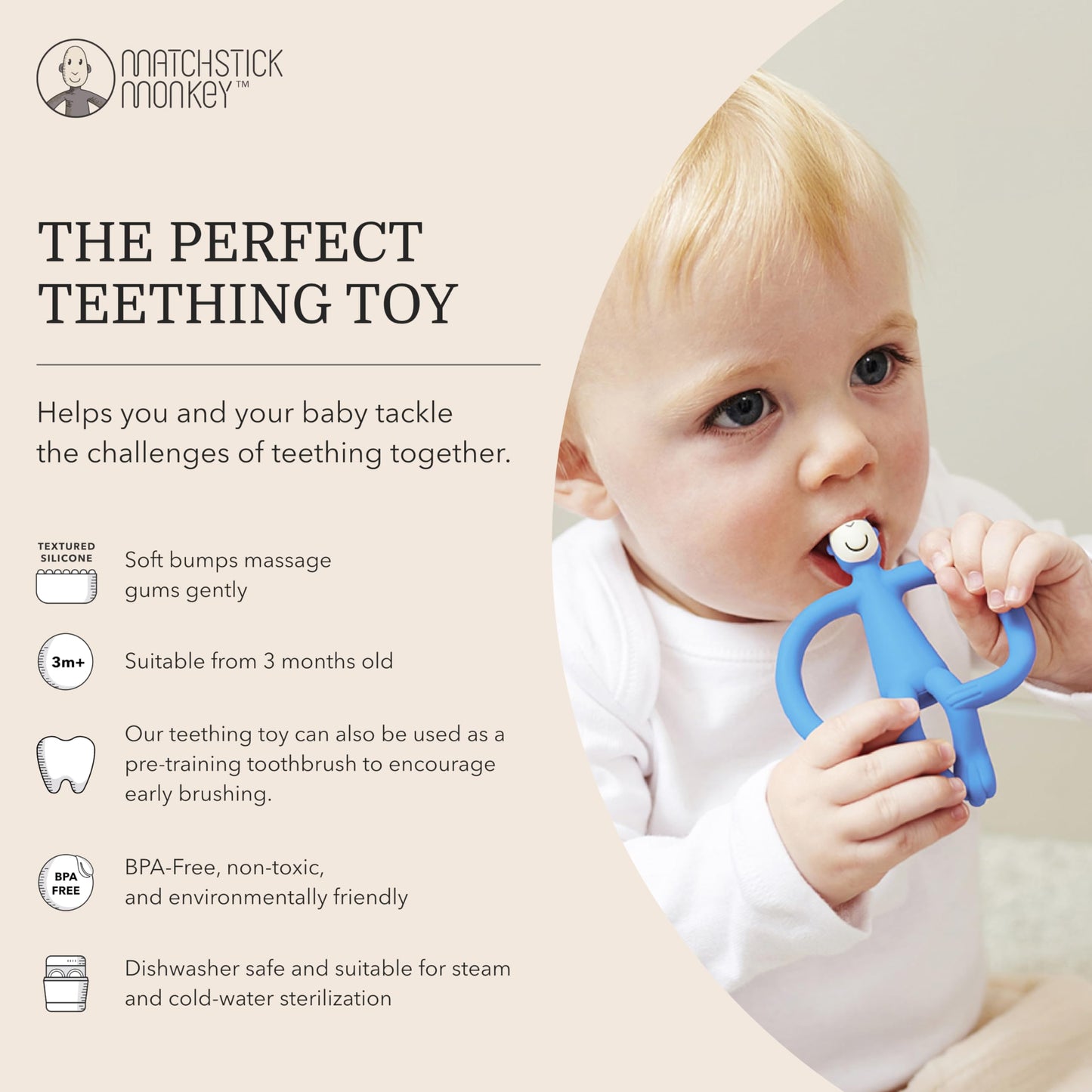 Matchstick Monkey, Original Teether & Gel Applicator, Antimicrobial Silicone Teething Toys for Baby, Easy to Grip, BPA Free, 3 Months Old+, 10.5 cm, Green Monkey