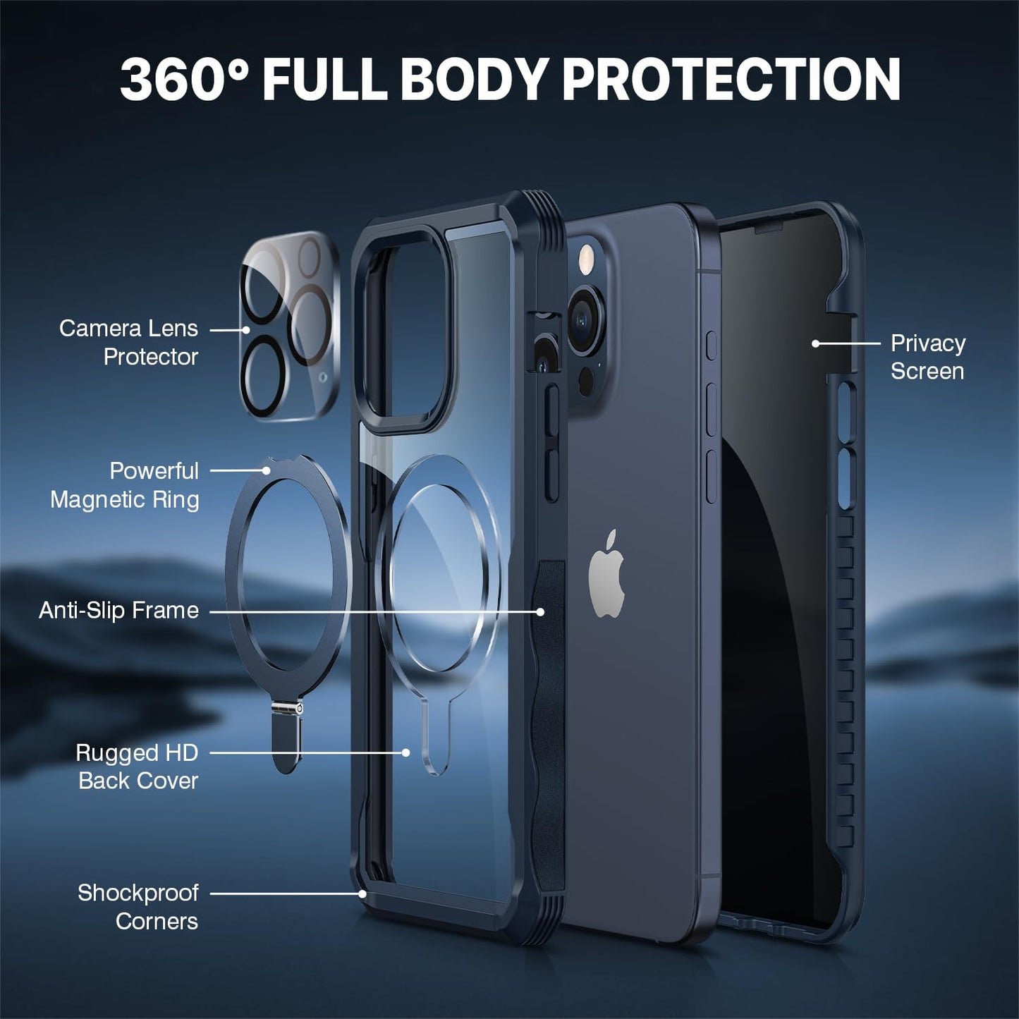 CENHUFO Compatible with iPhone 15 Pro Case Built-in Privacy Screen Protector with Magnetic Ring Stand and Camera Lens Protector, Clear Back Cover for iPhone 15 Pro Privacy Case