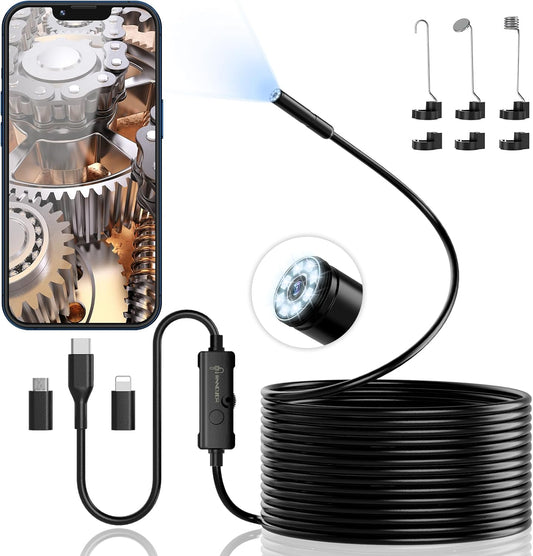 Endoscope Inspection Camera, Ennovor 1920 HD Flexible Rigid Snake Camera, 8 LED Lights No WiFi Snake Camera Waterproof IP67 Tube Sink Pipe Drain Camera for Android iOS Tablet Samsung (16.4 ft/ 5m)