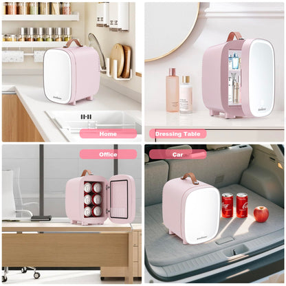 Enventor 4L Mini Fridge – LED Mirror Skincare Cooler & Warmer, AC/DC, Portable Cosmetic Fridge for Home, Car & Travel (Pink)