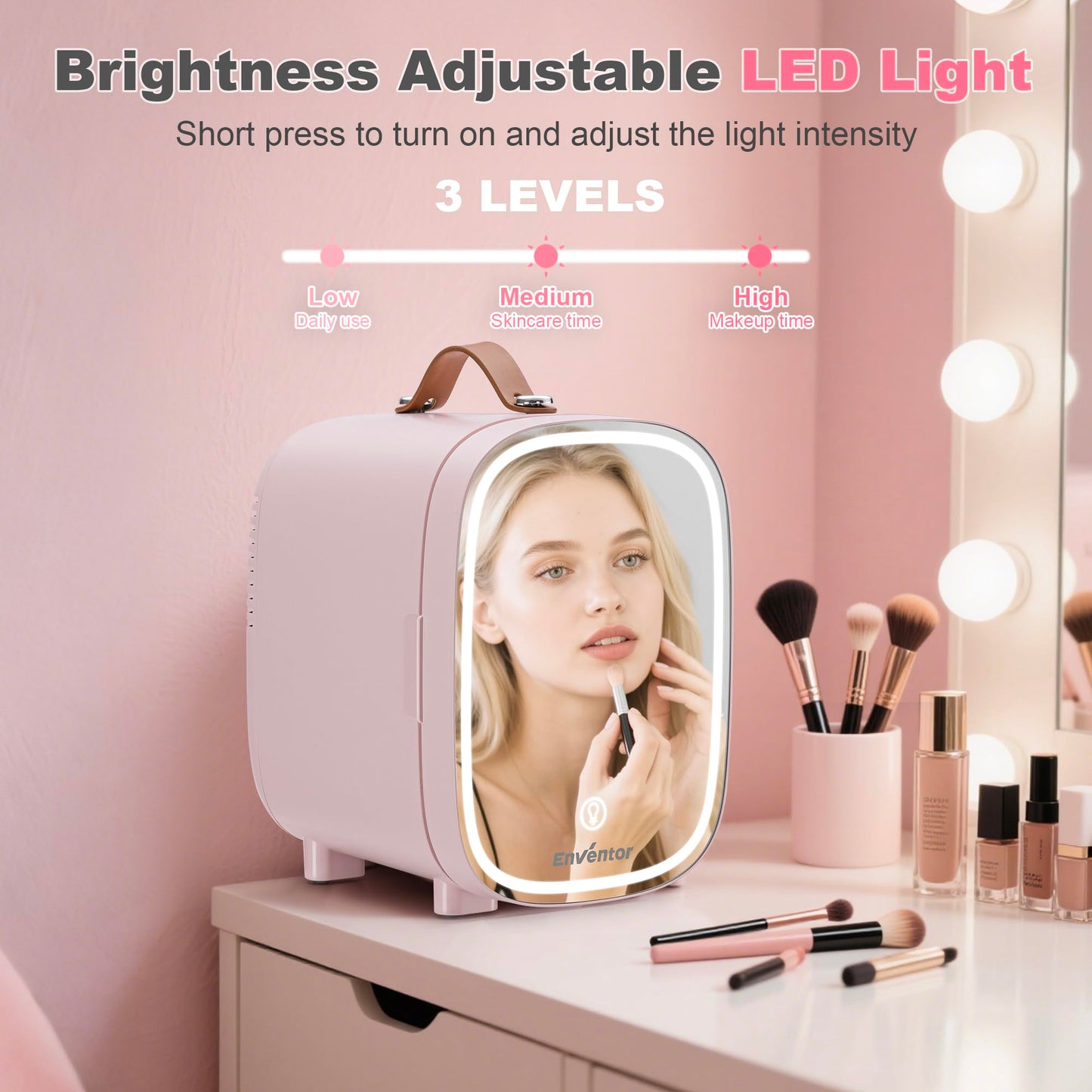Enventor 4L Mini Fridge – LED Mirror Skincare Cooler & Warmer, AC/DC, Portable Cosmetic Fridge for Home, Car & Travel (Pink)