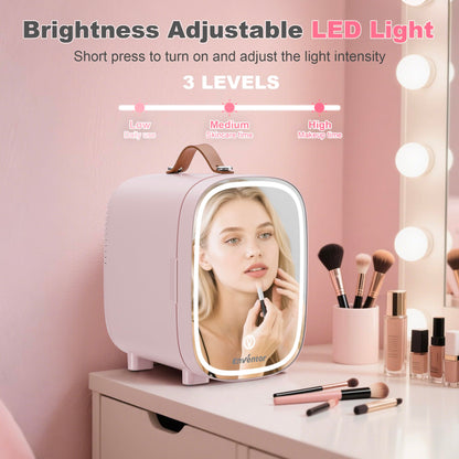 Enventor 4L Mini Fridge – LED Mirror Skincare Cooler & Warmer, AC/DC, Portable Cosmetic Fridge for Home, Car & Travel (Pink)