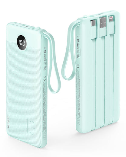 Power Bank With Built in Cables VRURC 10000mAh ,USB C Battery Pack Portable Charger with 5 Outputs 2 Inputs Powerbank LED Display compatible with iPhone 14 13 12 Samsung S21 S20 Xiaomi iPad