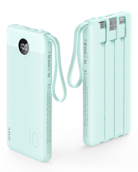 Power Bank With Built in Cables VRURC 10000mAh ,USB C Battery Pack Portable Charger with 5 Outputs 2 Inputs Powerbank LED Display compatible with iPhone 14 13 12 Samsung S21 S20 Xiaomi iPad