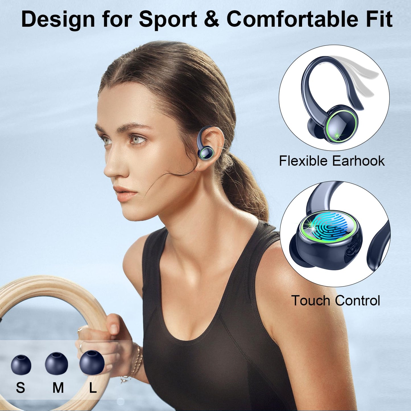 Wireless Earbuds, Bluetooth 5.3 Headphones, 50H+ Playtime Stereo Noise Canceling Headphones with 4 ENC Mic, Sport Ear buds with Earhooks, IPX7 Waterproof Wireless Earphones for Sport/Running/Gym Black