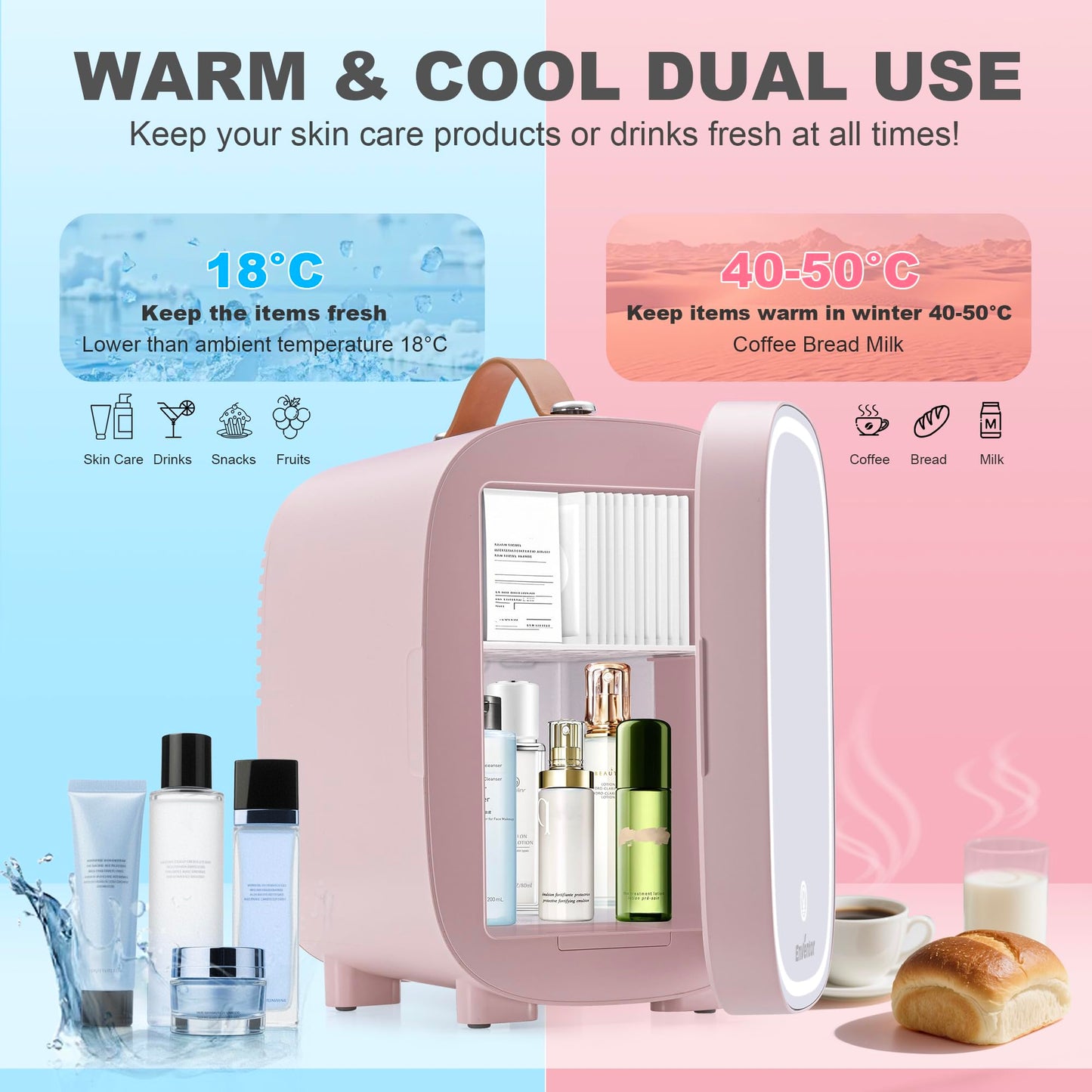 Enventor 4L Mini Fridge – LED Mirror Skincare Cooler & Warmer, AC/DC, Portable Cosmetic Fridge for Home, Car & Travel (Pink)