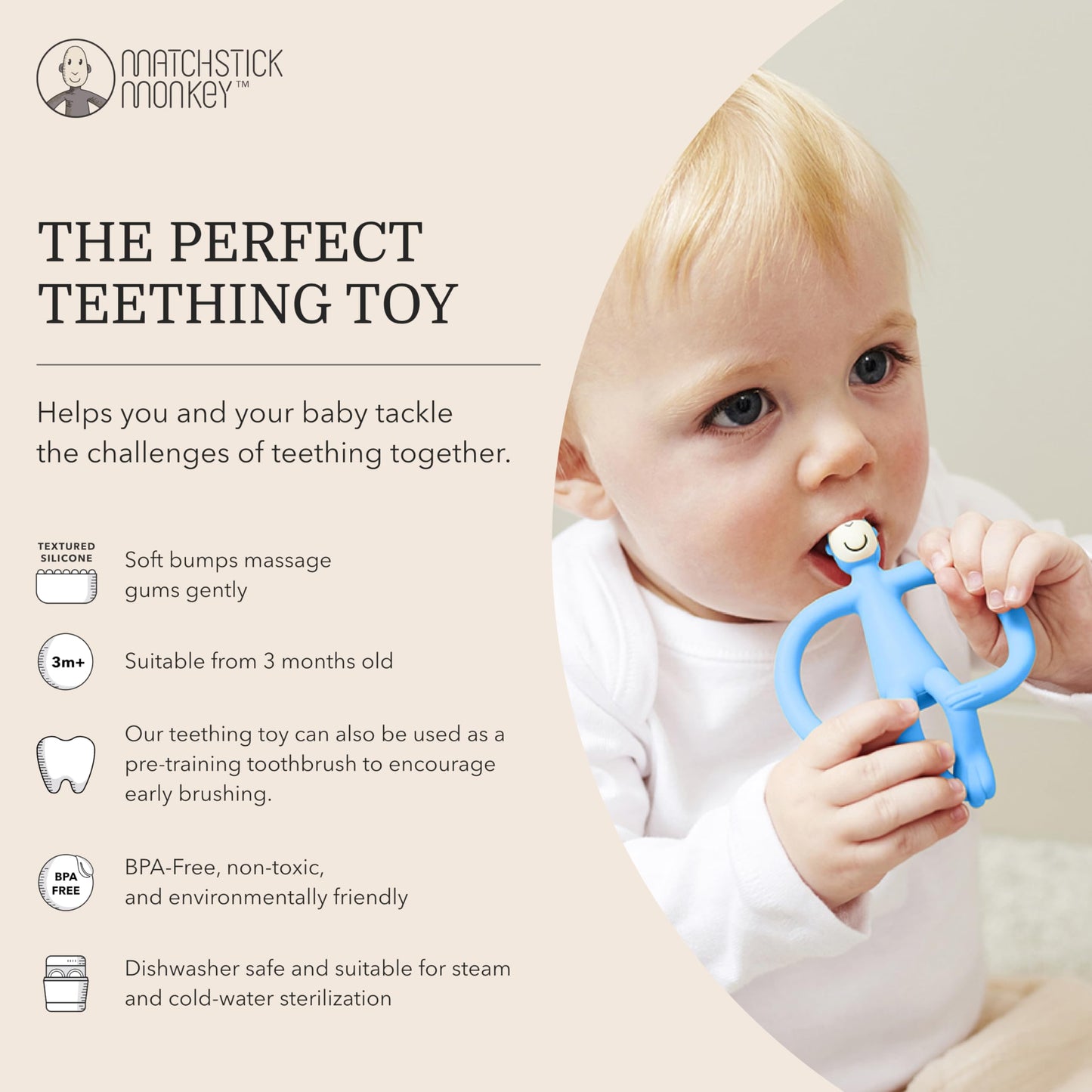 Matchstick Monkey, Original Teether & Gel Applicator, Antimicrobial Silicone Teething Toys for Baby, Easy to Grip, BPA Free, 3 Months Old+, 10.5 cm, Green Monkey