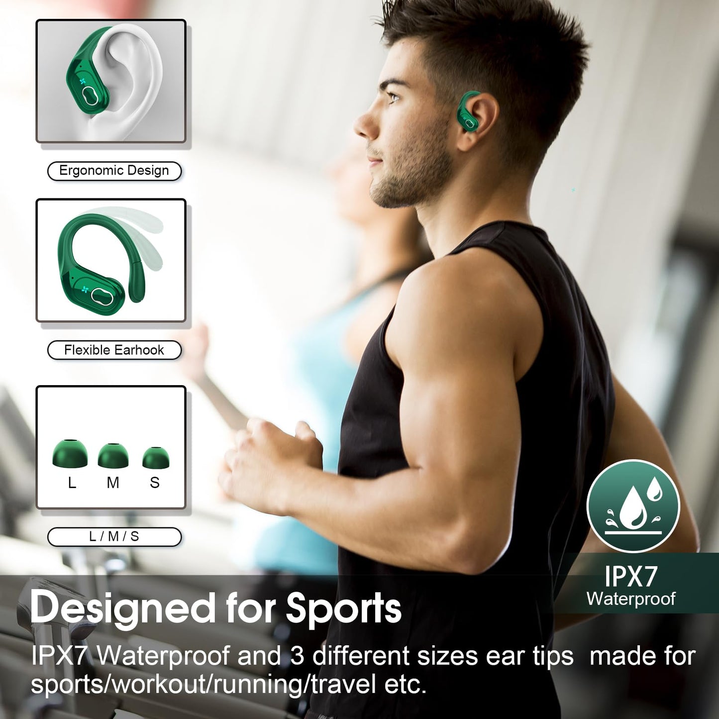 STECEi Wireless Earbuds – 75H Bluetooth 5.4 Earphones with ENC Noise Cancelling Mics, HiFi Stereo Sound, Earhooks, IP7 Waterproof for Running, Gym & Sports (Black)