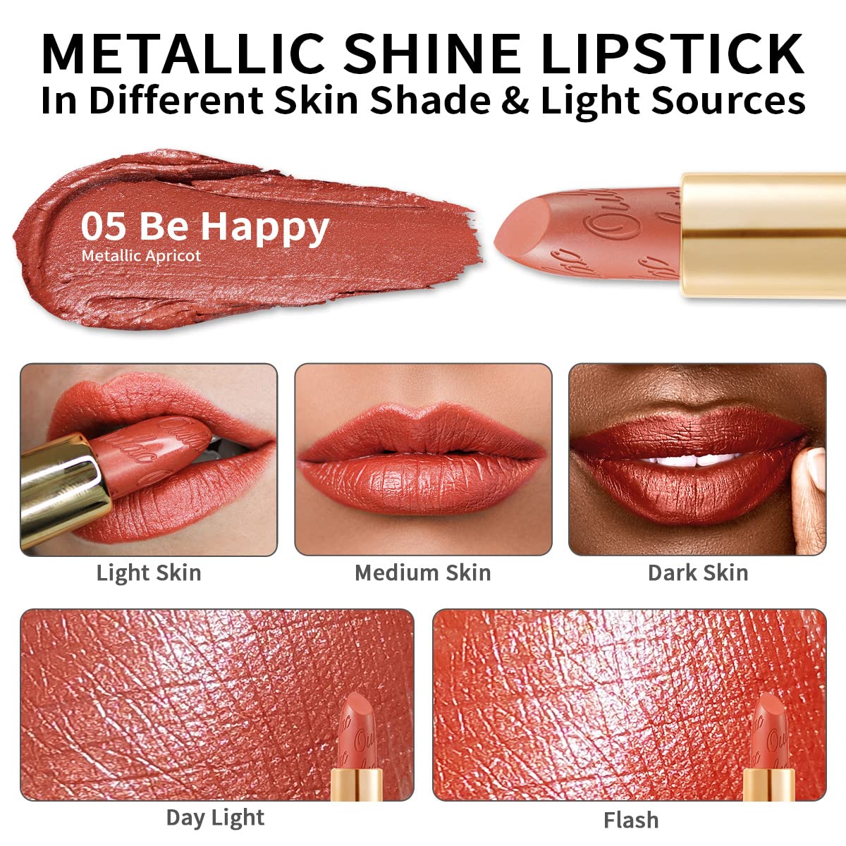 OULAC Metallic Shine Glitter Lipstick, Nude High Impact Lipcolor, Lightweight Soft and Ultra Hydrating, Long Lasting, Vegan & Cruelty-Free, Full-Coverage Lip Color 4.3 g/0.15 Sahara Gold(10)