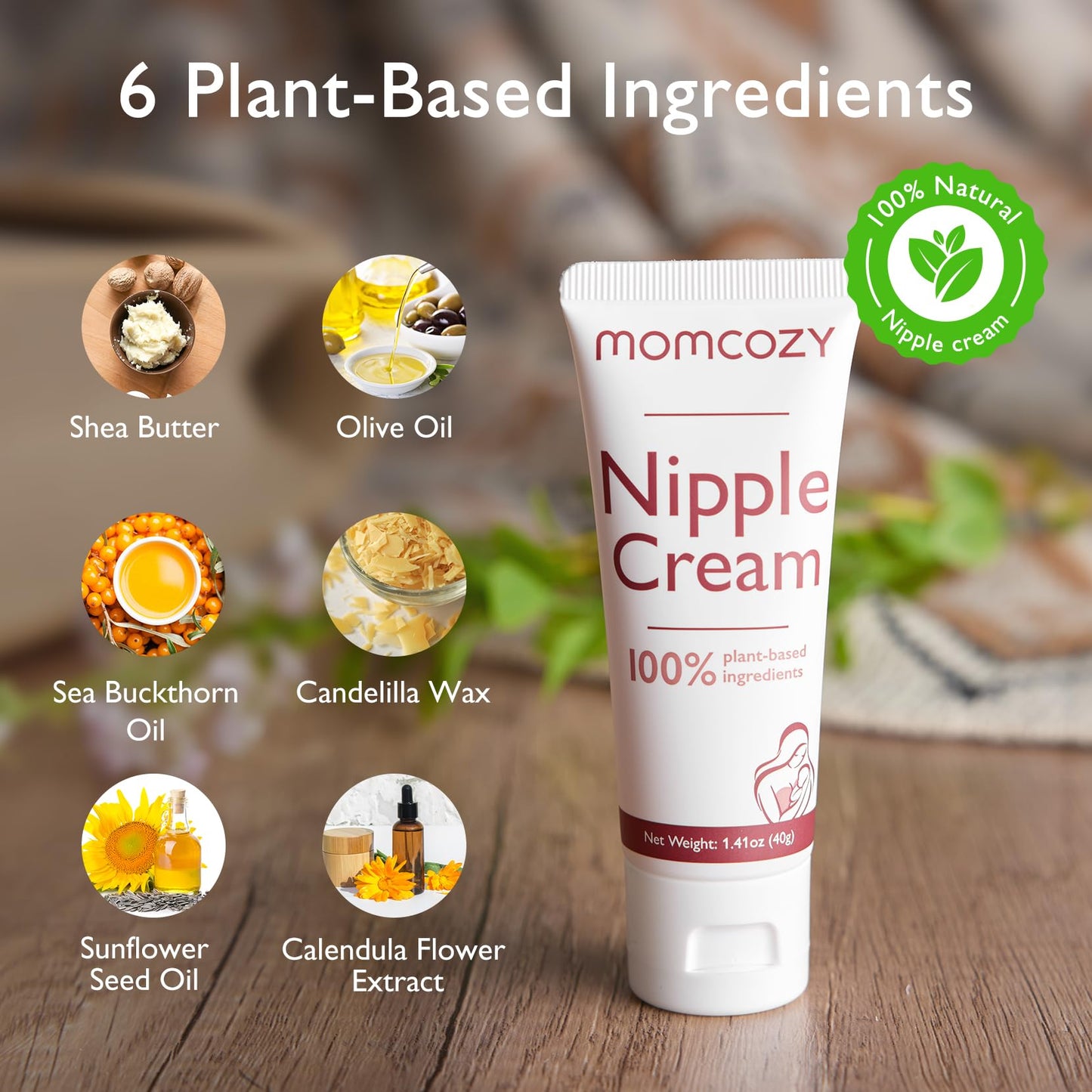 Momcozy 100% Natural Nipple Cream, Vegan Lanolin-free Nipple Balm, Soothing Cream for Sore, Cracked Nipples, Breastfeeding Essentials for Nursing & Pumping Moms, 1.41 oz