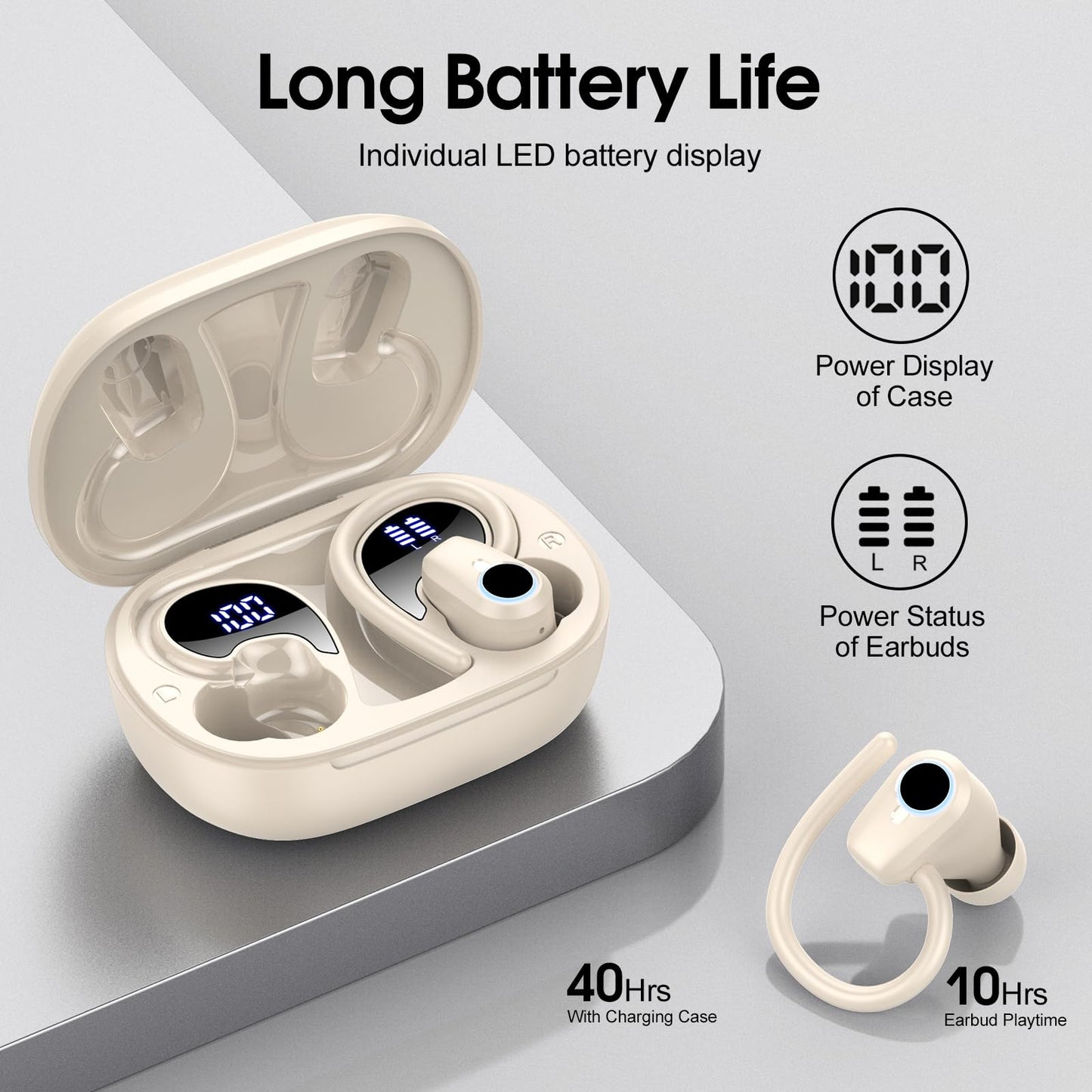 Wireless Earbuds, Bluetooth 5.3 Headphones with 4 ENC Noise Canceling Mic, 50H Stereo Dual LED Display Ear Buds, Sport Wireless Earphones with Earhooks, IP7 Waterproof Wireless Headphones for Running