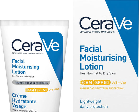 CeraVe AM Facial Moisturising Lotion SPF50 with Ceramides & Vitamin E for Normal to Dry Skin 52ml