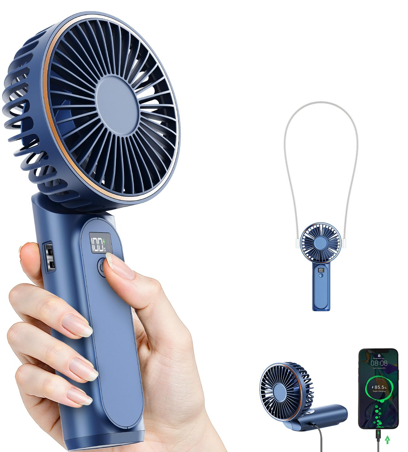 TUNISE Handheld Fan – 4000mAh Portable Rechargeable Fan with LED Display, 6 Speeds, 180° Adjustable, Power Bank Function for Travel & Home