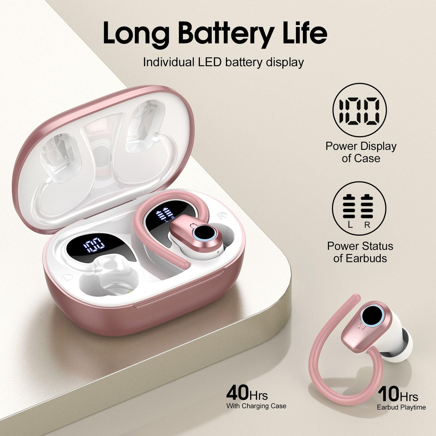 Wireless Earbuds, Bluetooth 5.3 Headphones with 4 ENC Noise Canceling Mic, 50H Stereo Dual LED Display Ear Buds, Sport Wireless Earphones with Earhooks, IP7 Waterproof Wireless Headphones for Running