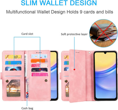 UEEBAI Wallet Case for Samsung Galaxy A15 – Retro PU Leather Flip Cover with 9 Card Slots, Zipper Pocket, Magnetic Closure, Kickstand & Wrist Strap, Shockproof Protective Case