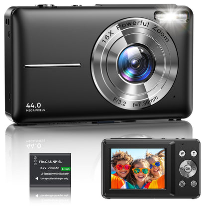 1080P FHD Compact Digital Camera 44MP – Mini Portable Vlogging Camera with 2.4" LCD, 16X Zoom, Battery Included (Pink, No SD Card)