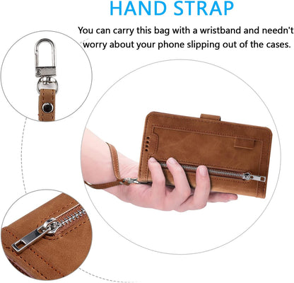 UEEBAI Wallet Case for Samsung Galaxy A15 – Retro PU Leather Flip Cover with 9 Card Slots, Zipper Pocket, Magnetic Closure, Kickstand & Wrist Strap, Shockproof Protective Case