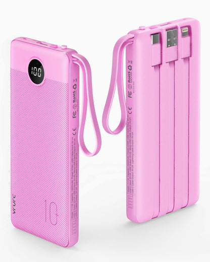 Power Bank With Built in Cables VRURC 10000mAh ,USB C Battery Pack Portable Charger with 5 Outputs 2 Inputs Powerbank LED Display compatible with iPhone 14 13 12 Samsung S21 S20 Xiaomi iPad