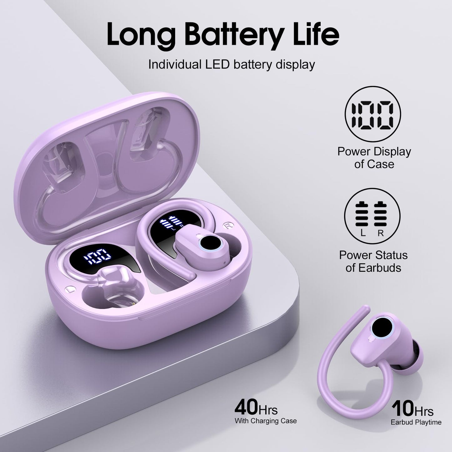 Wireless Earbuds, Bluetooth 5.3 Headphones with 4 ENC Noise Canceling Mic, 50H Stereo Dual LED Display Ear Buds, Sport Wireless Earphones with Earhooks, IP7 Waterproof Wireless Headphones for Running