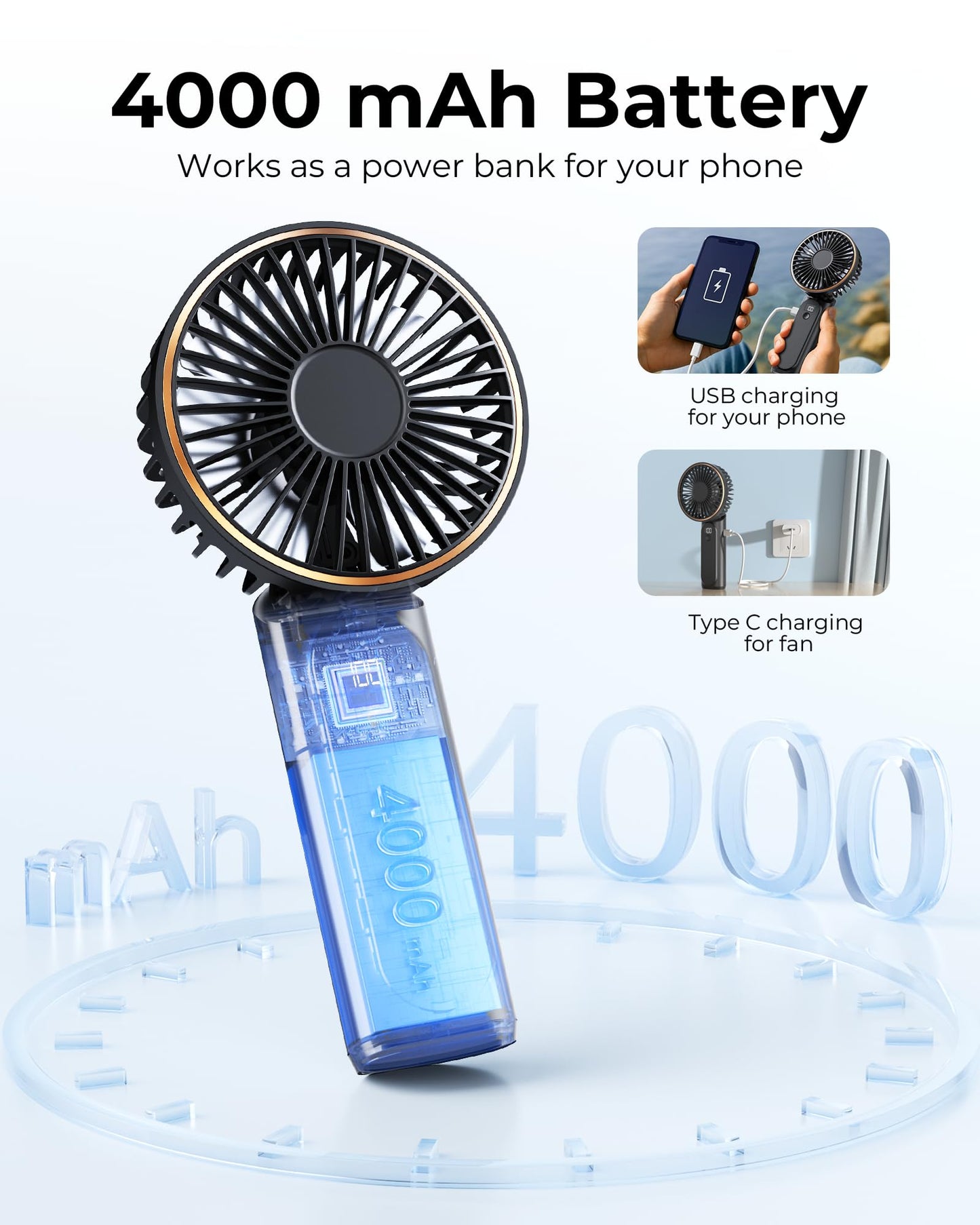 TUNISE Handheld Fan – 4000mAh Portable Rechargeable Fan with LED Display, 6 Speeds, 180° Adjustable, Power Bank Function for Travel & Home